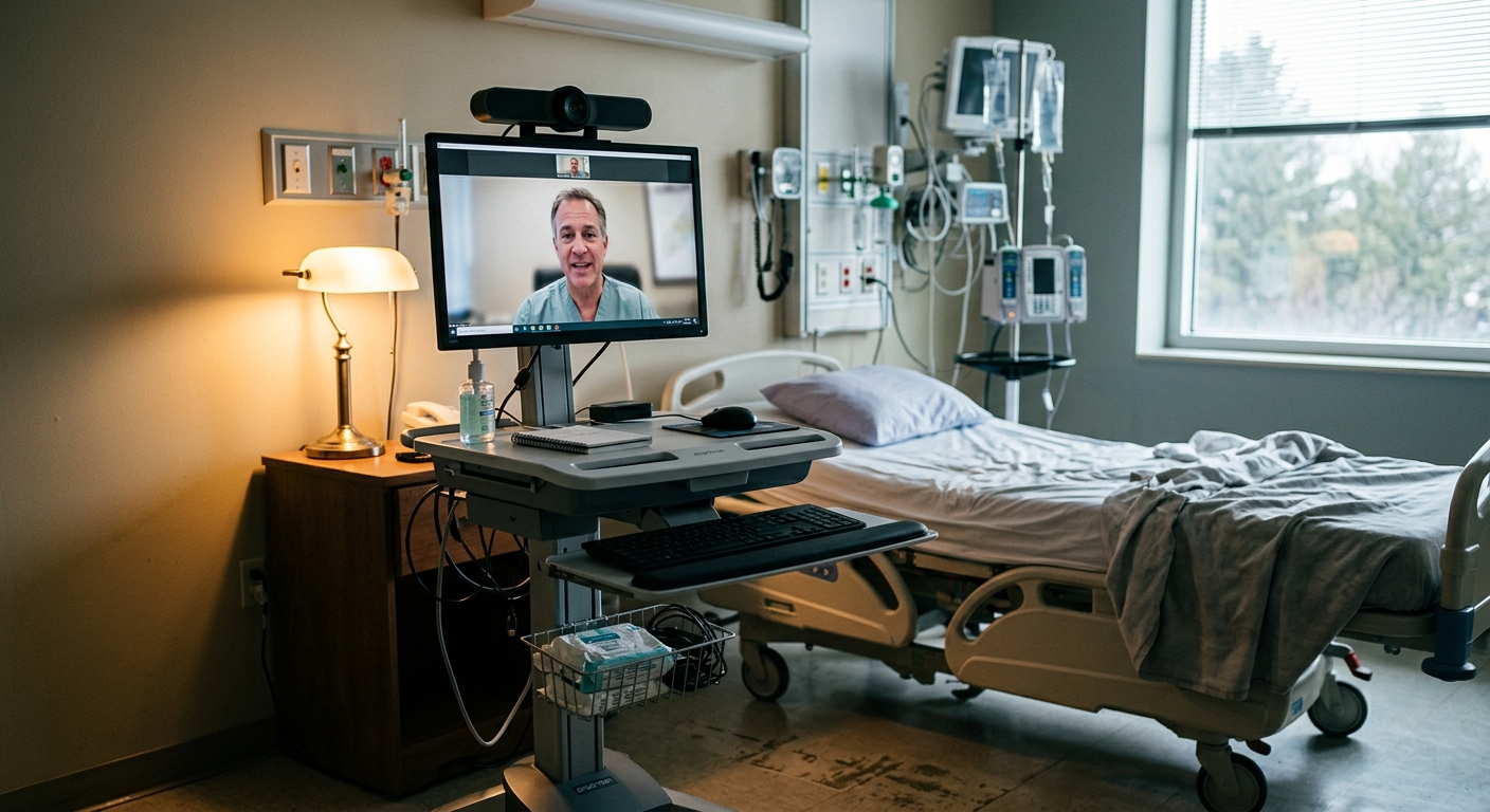 Michigan telemedicine cart with a screen and camera in a hospital room