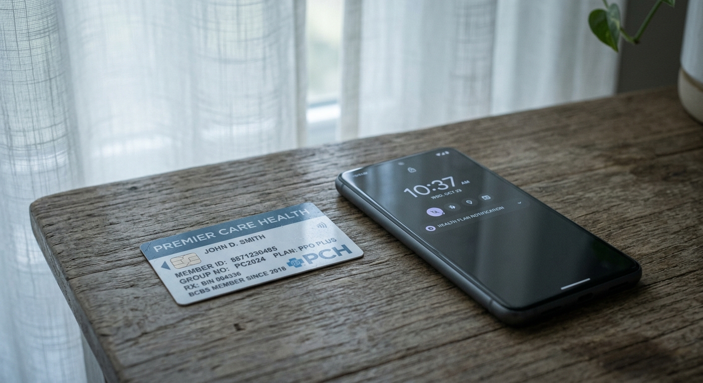 New Mexico health insurance card lying on a desk beside a smartphone