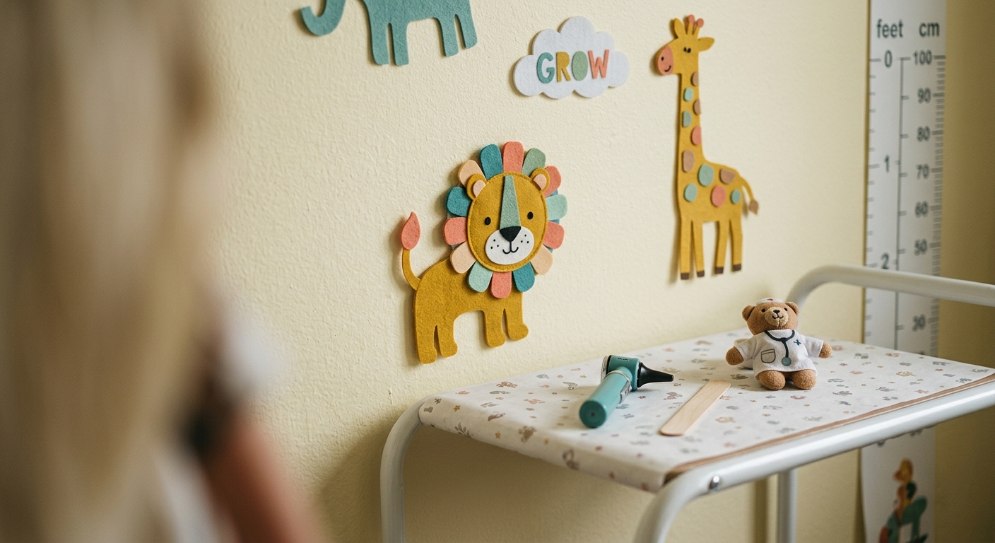 Missouri pediatrician office with colorful wall decorations and small examination table