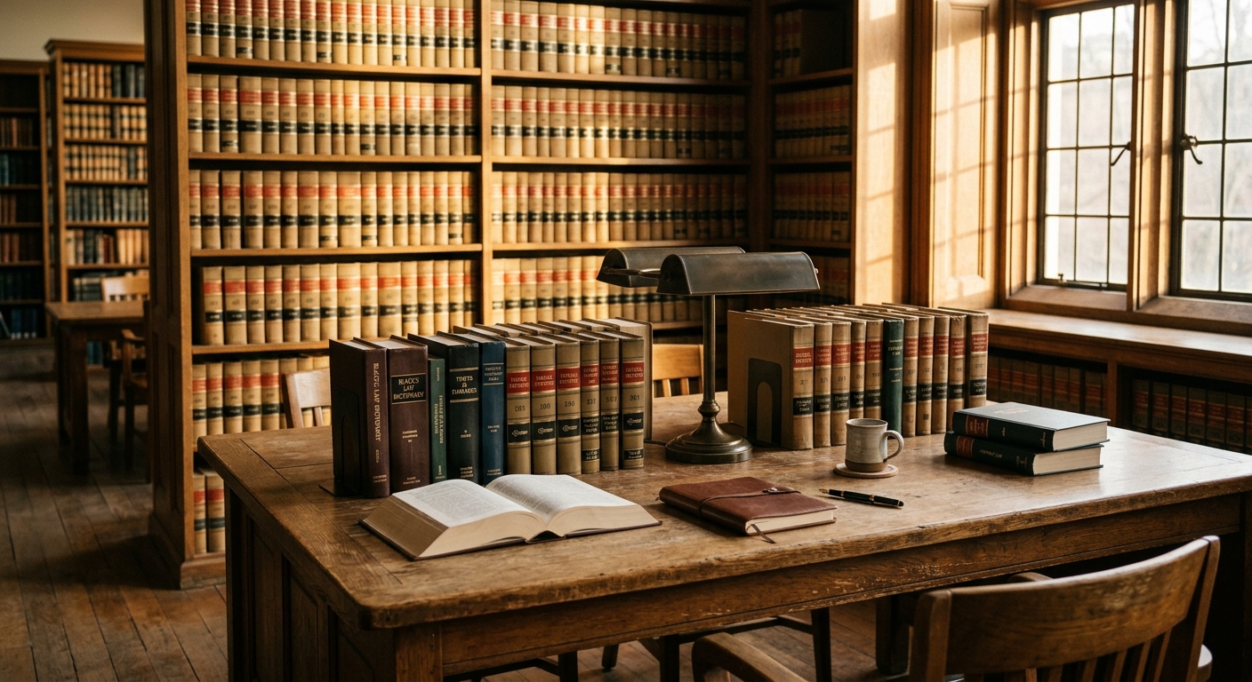 murder: library reading room with rows of law books and a wooden desk