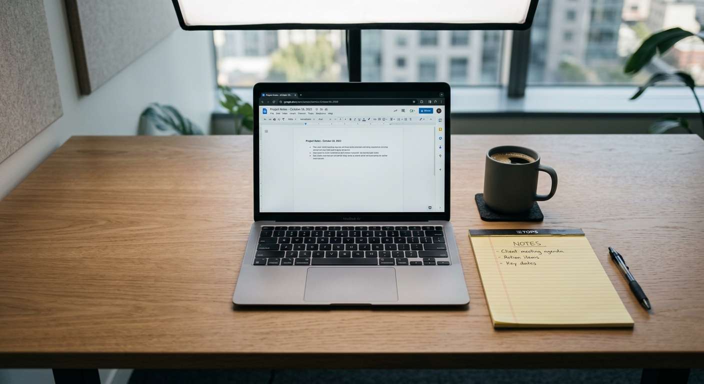murder: clean desk with a laptop, legal pad, and coffee mug in a modern office