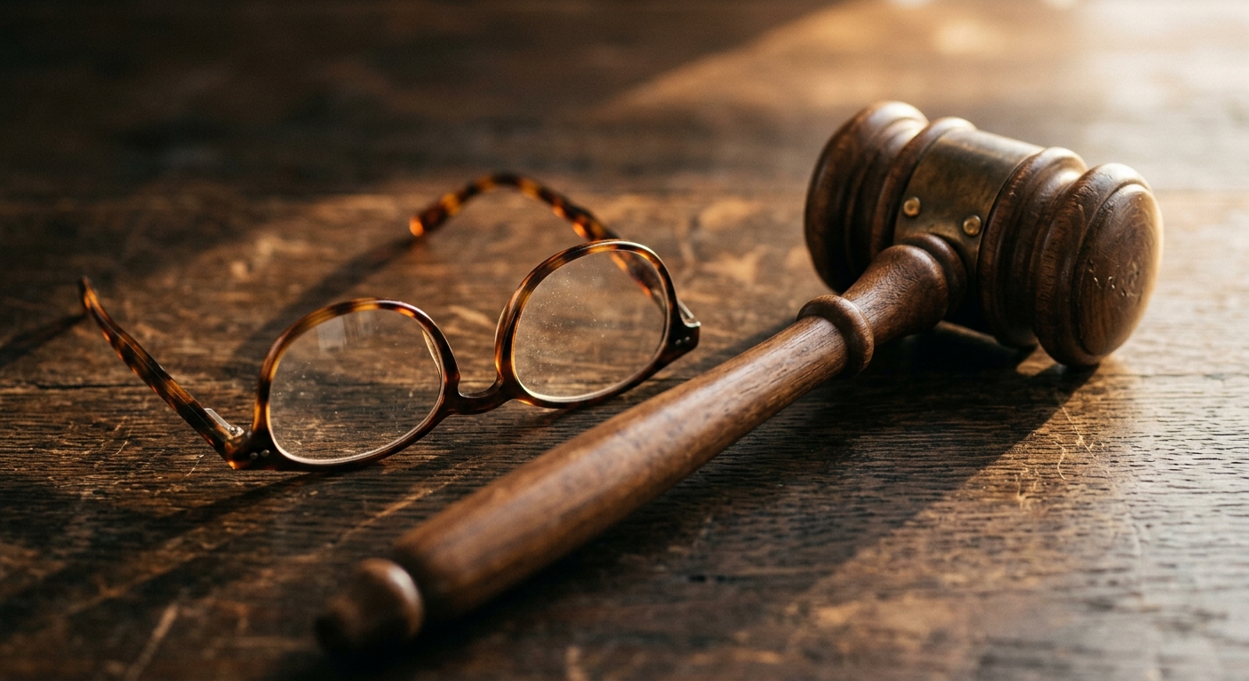 murder: gavel resting next to reading glasses on a dark surface