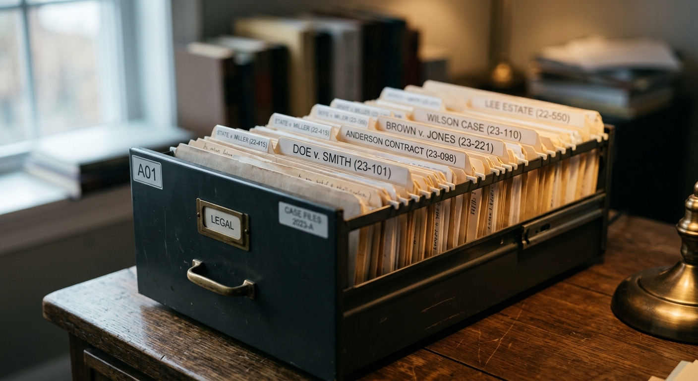 murder: filing cabinet with organized legal folders