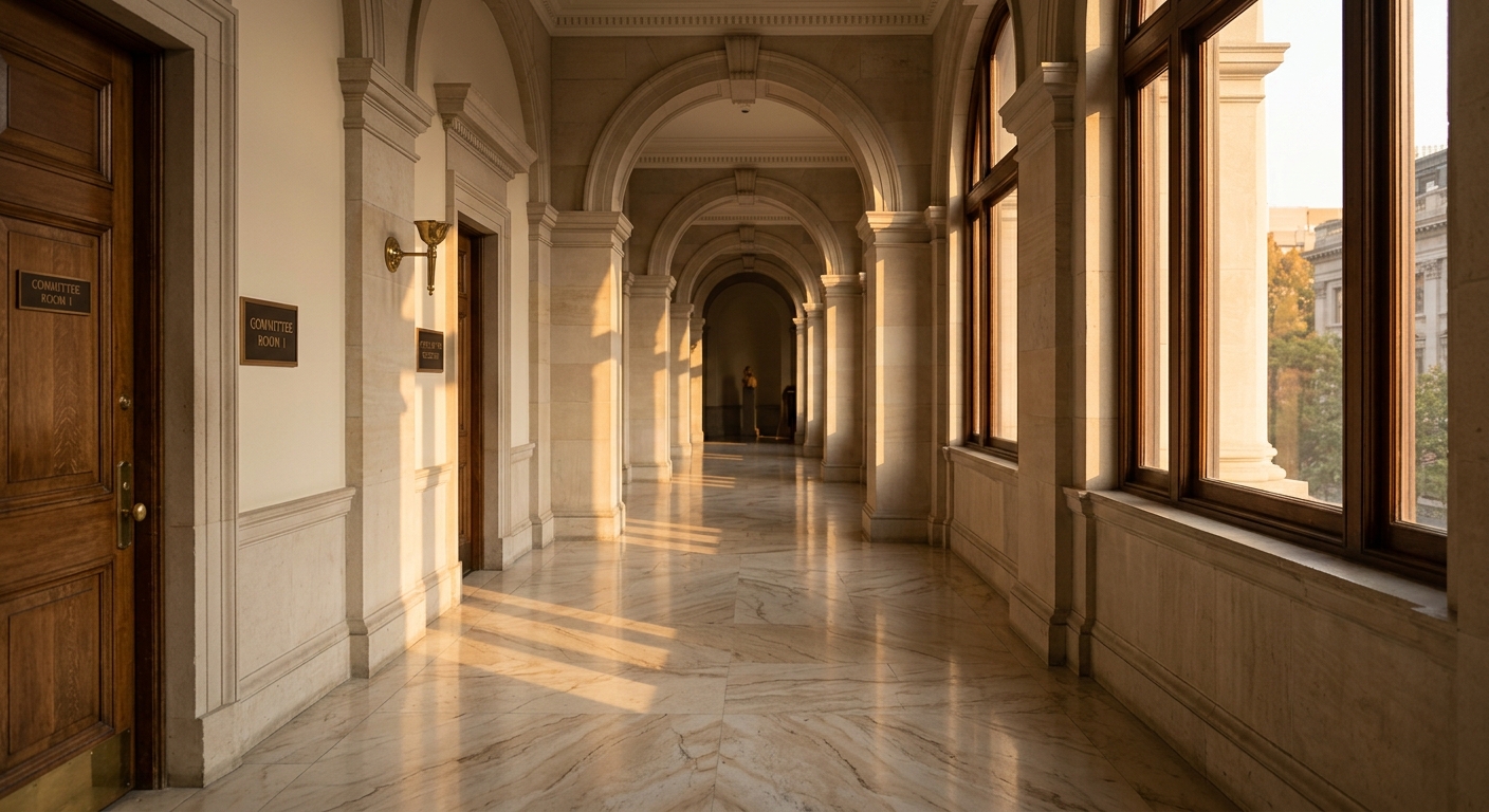 murder: official government building hallway with marble floors