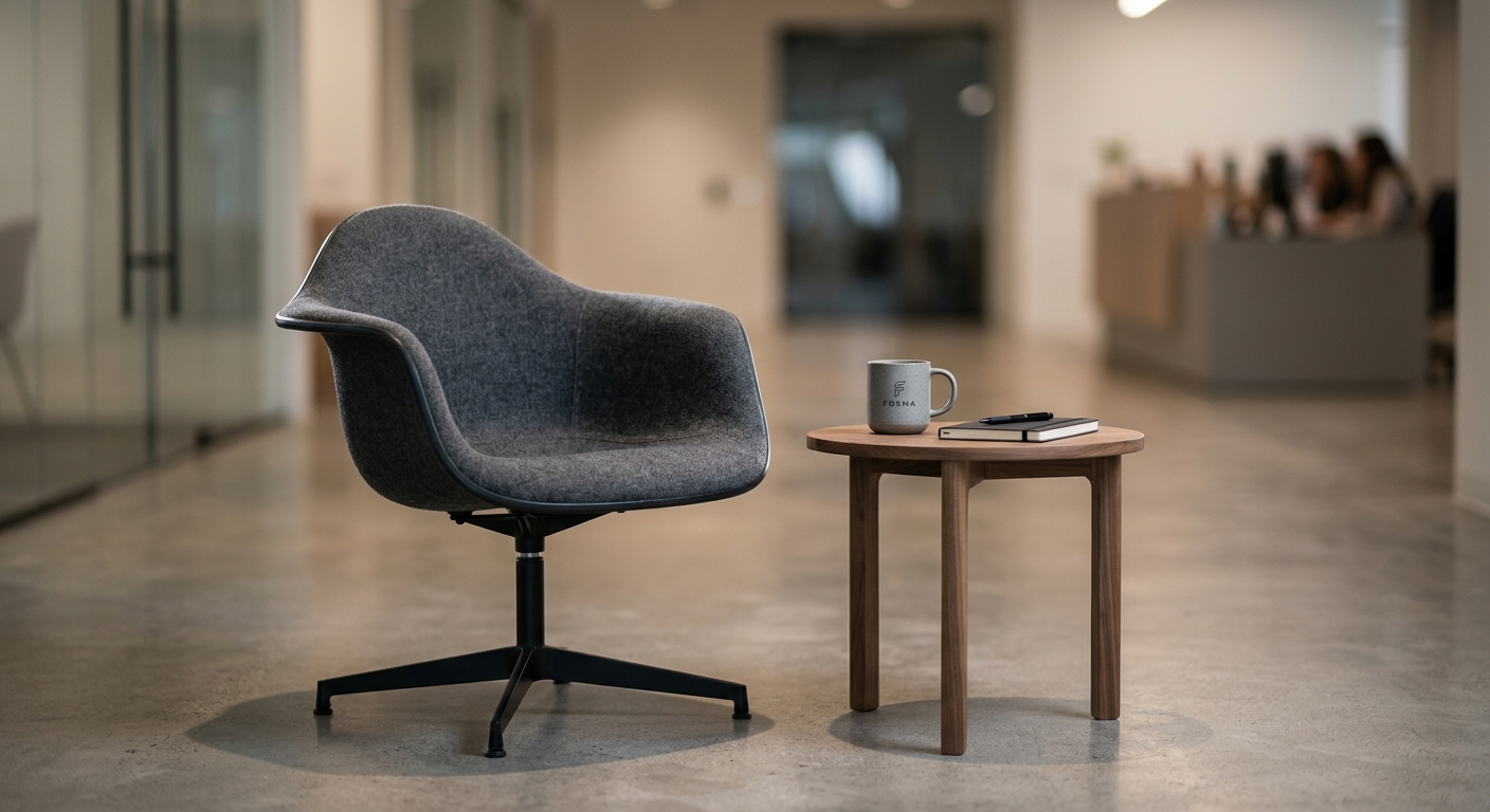 murder: modern office reception area with a single chair and small table