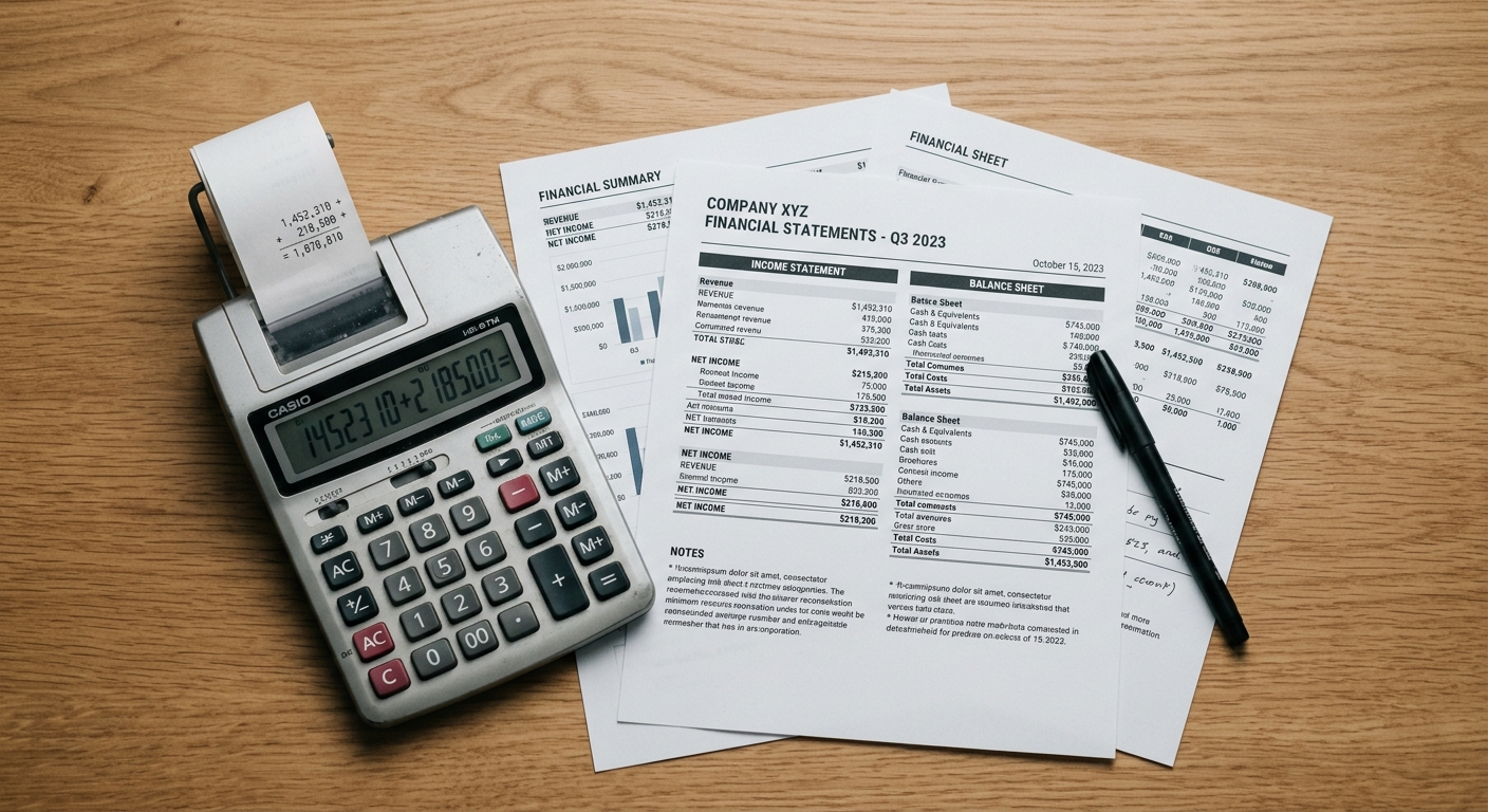 murder: calculator beside printed financial statements on a desk