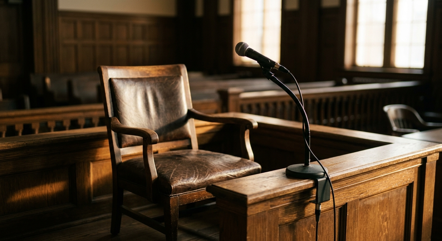 murder: witness chair in a courtroom with a microphone