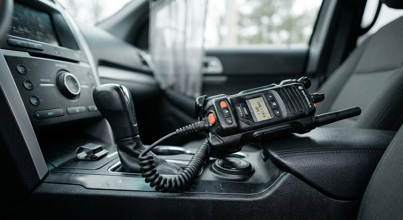 New Mexico police radio handset on a vehicle center console