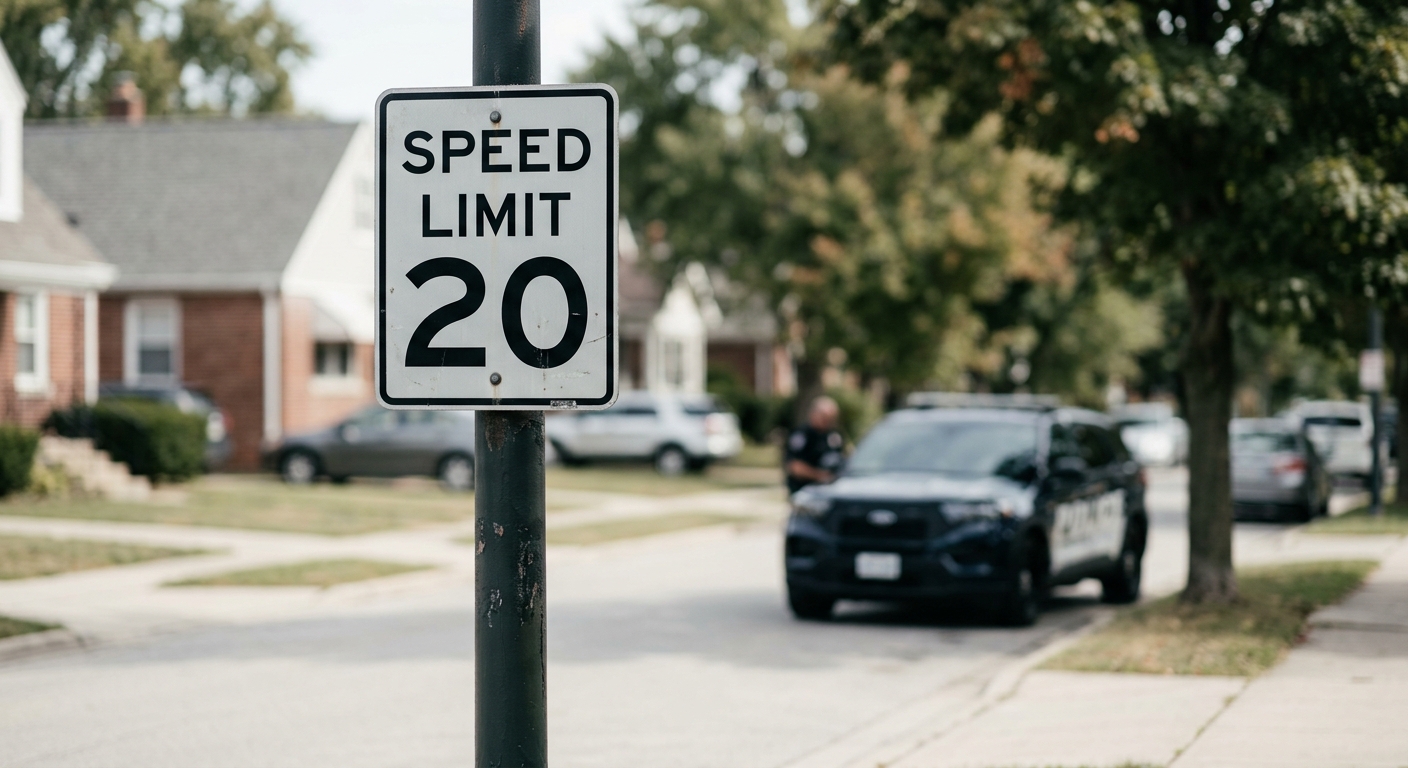 California speed limit sign on a residential street with a patrol car visible in the distan