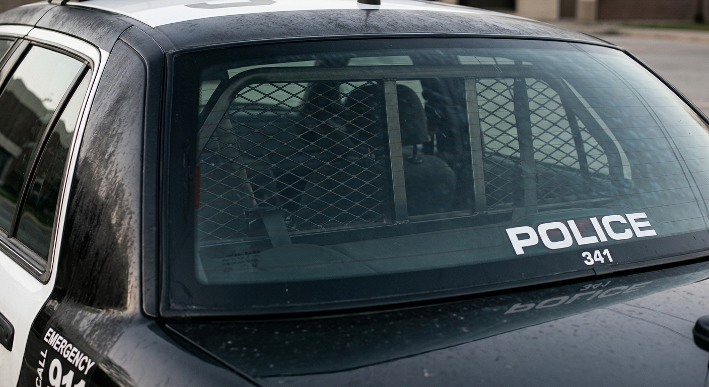 Colorado police car rear window with a cage partition visible from outside