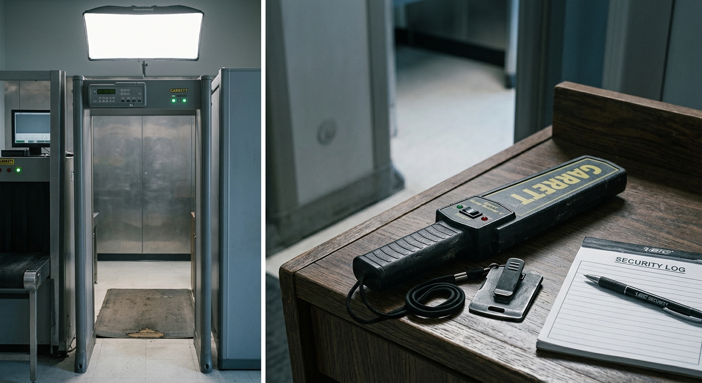 North Dakota security checkpoint with a metal detector and officer station, empty