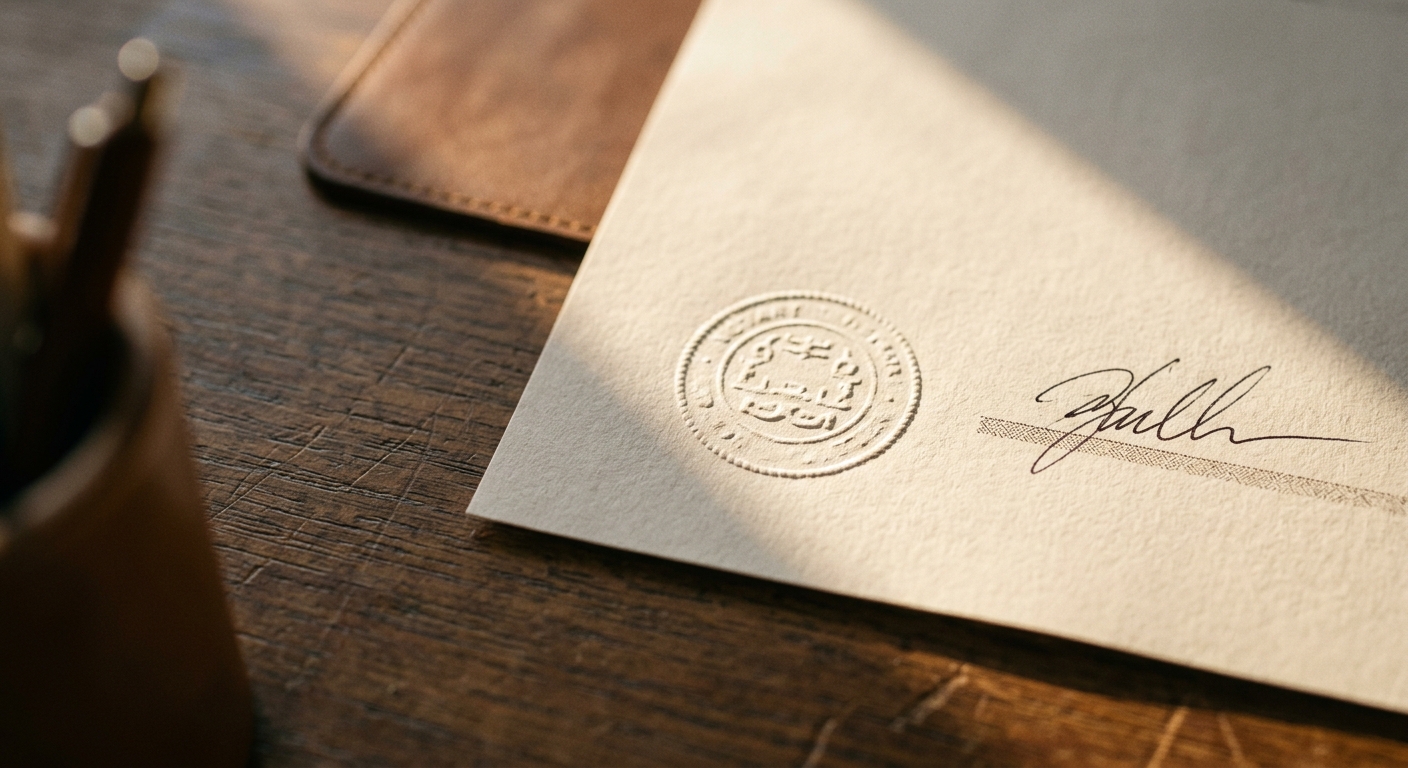 a single page bearing an embossed notary seal and a signature, close view on a desk