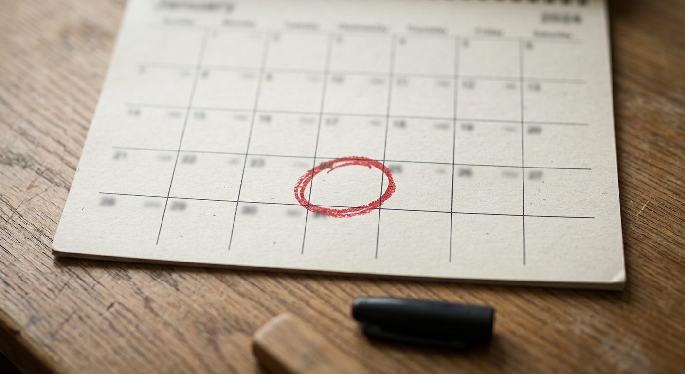 a wall calendar page with one date circled in red marker resting on a desk