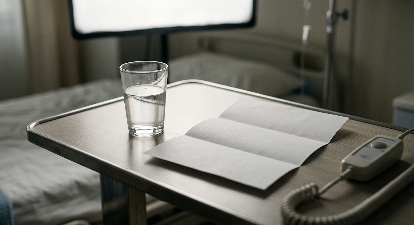a hospital bedside table with a glass of water and a folded document in soft light