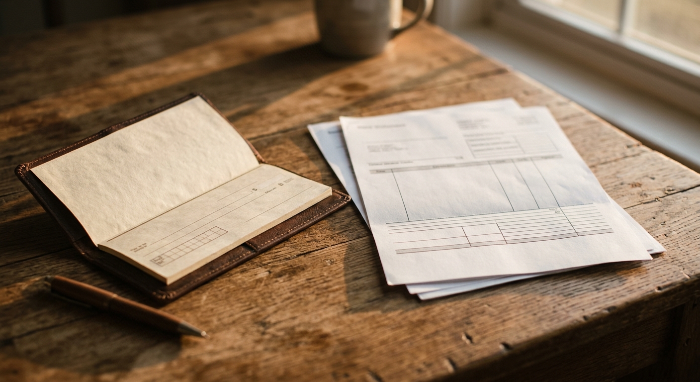 a checkbook and printed bank statements lying on a wooden desk
