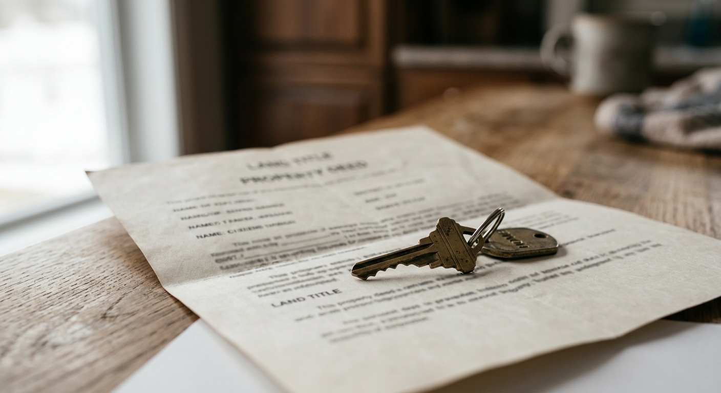 a house key resting on a printed property deed on a counter