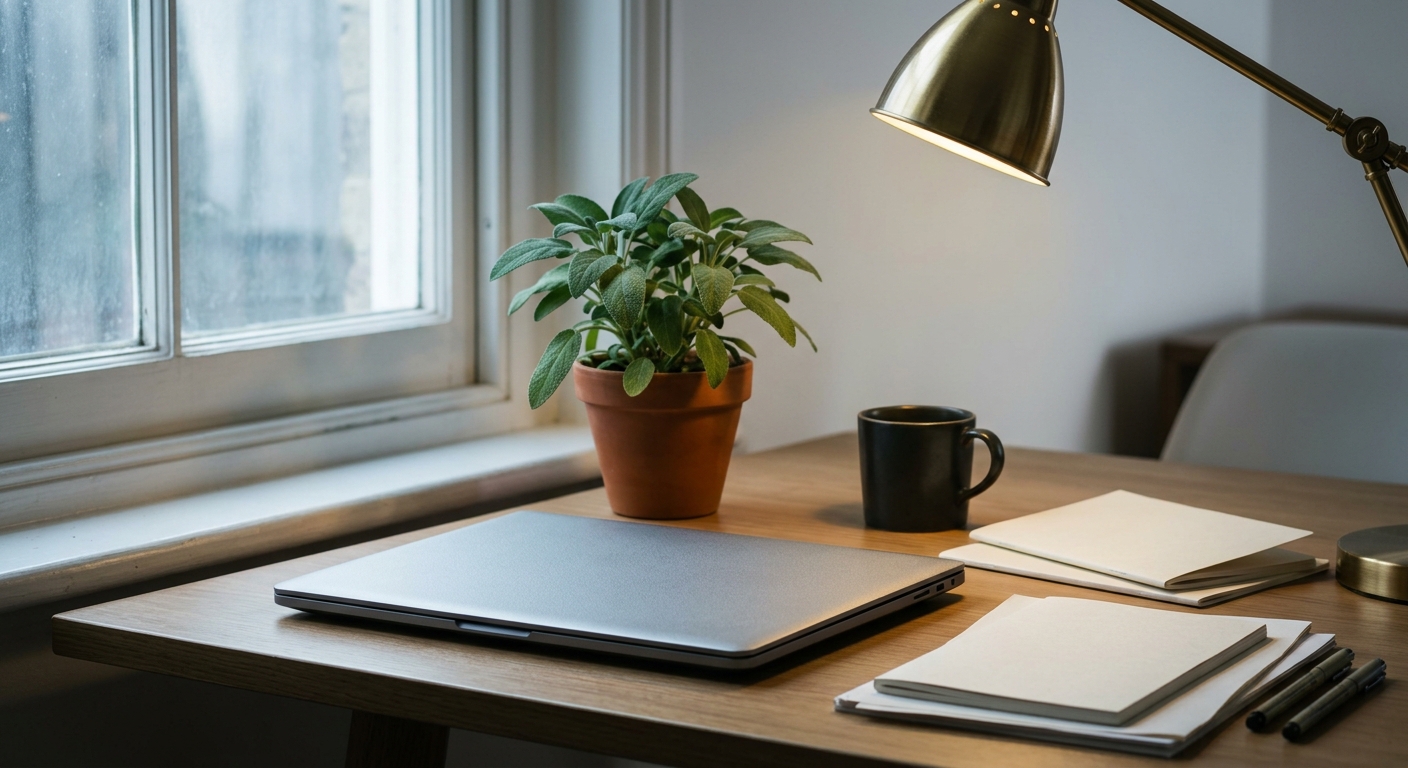 an empty office desk with a closed laptop and a small potted plant by a window