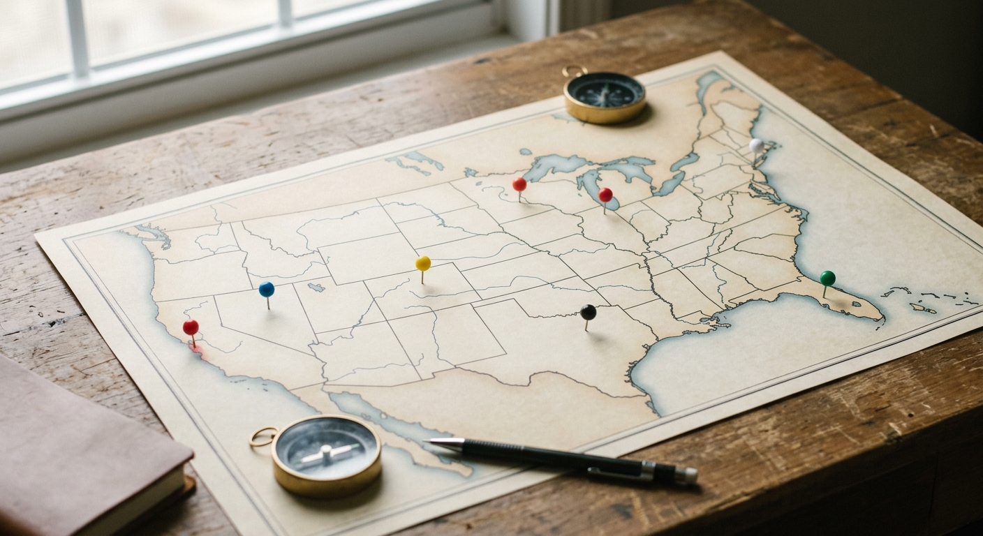 a printed map of the United States on a desk with a few small colored pins