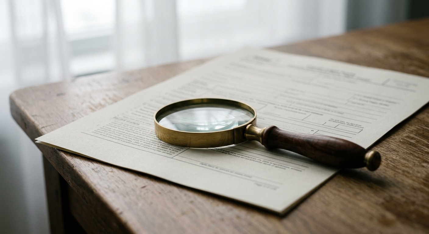 a magnifying glass resting on a printed legal form on a desk