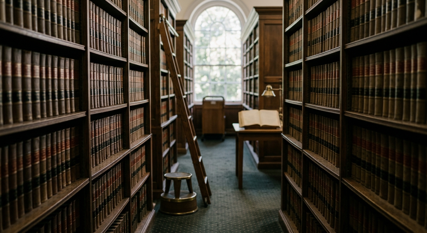 a quiet law library aisle with tall shelves of bound legal volumes