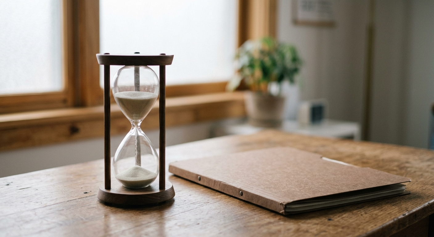 an hourglass on a desk beside a closed folder in soft window light