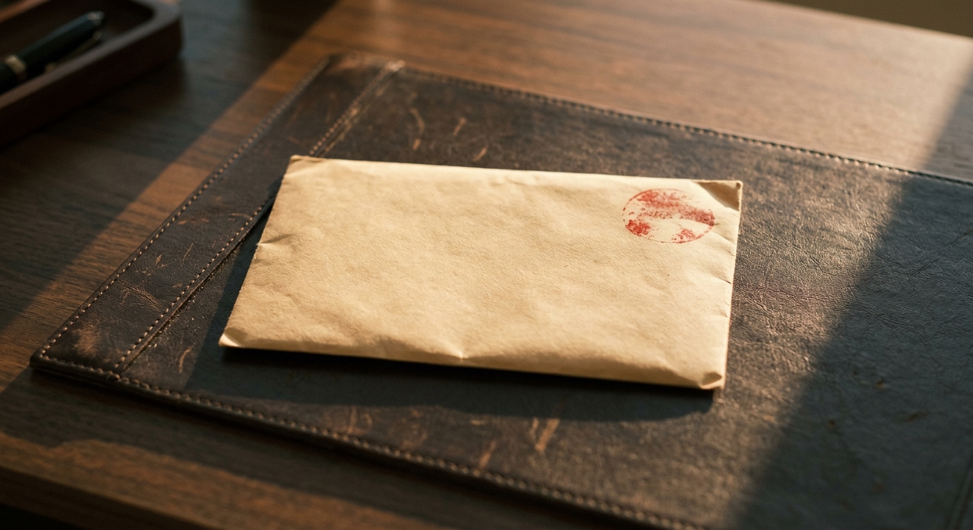 a single envelope marked with a red stamp resting on a desk blotter