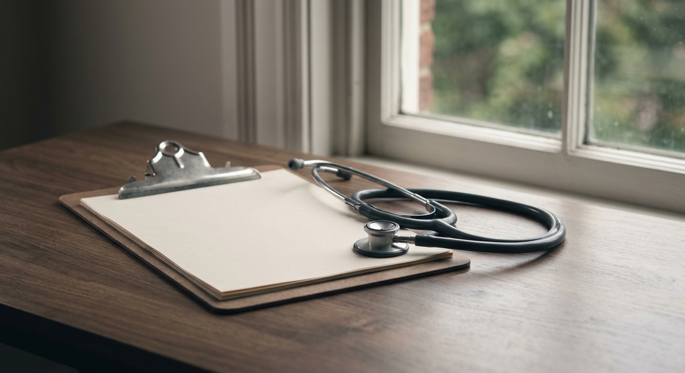 a physicians clipboard and a stethoscope resting on a desk near a window