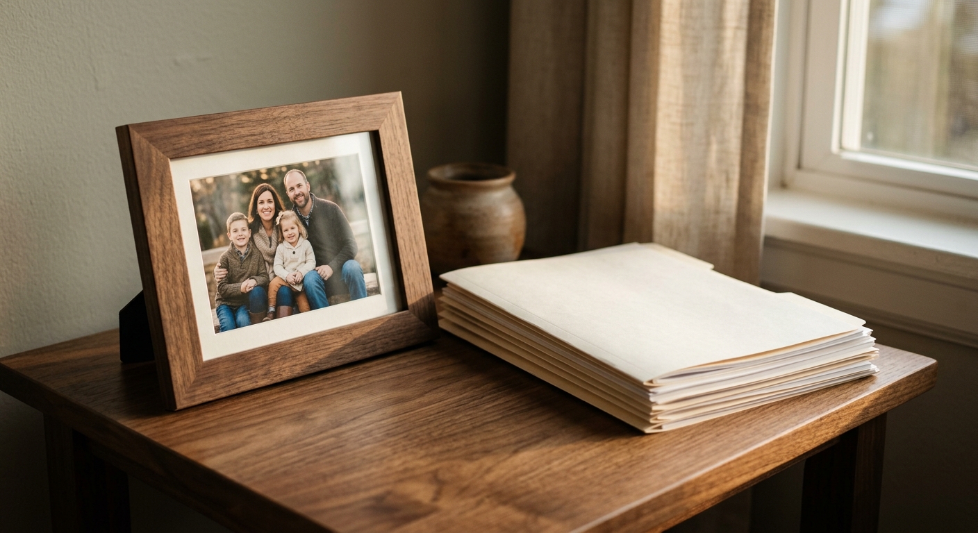 a framed family photo beside a neat stack of documents on a side table