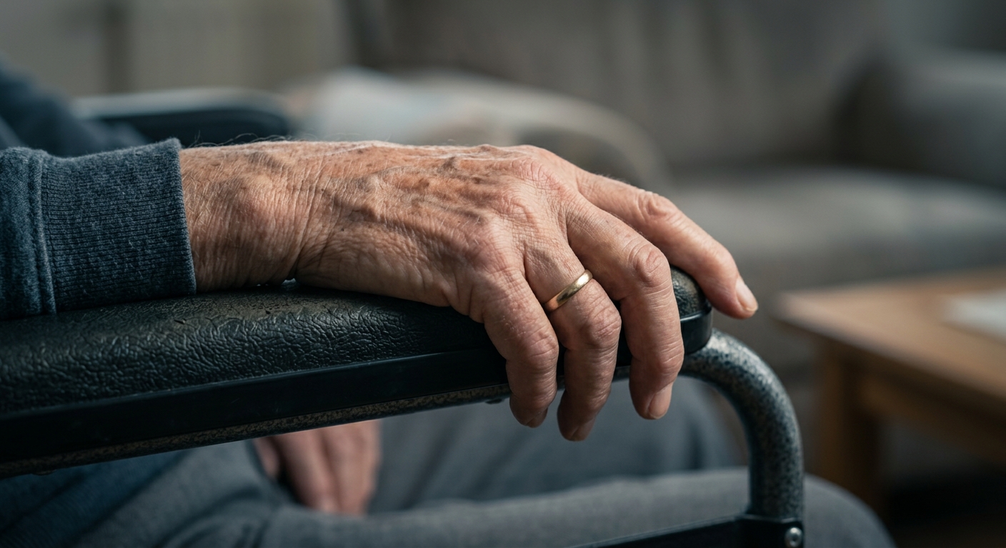 a wheelchair armrest with an older persons hand resting on it, indoors in soft light