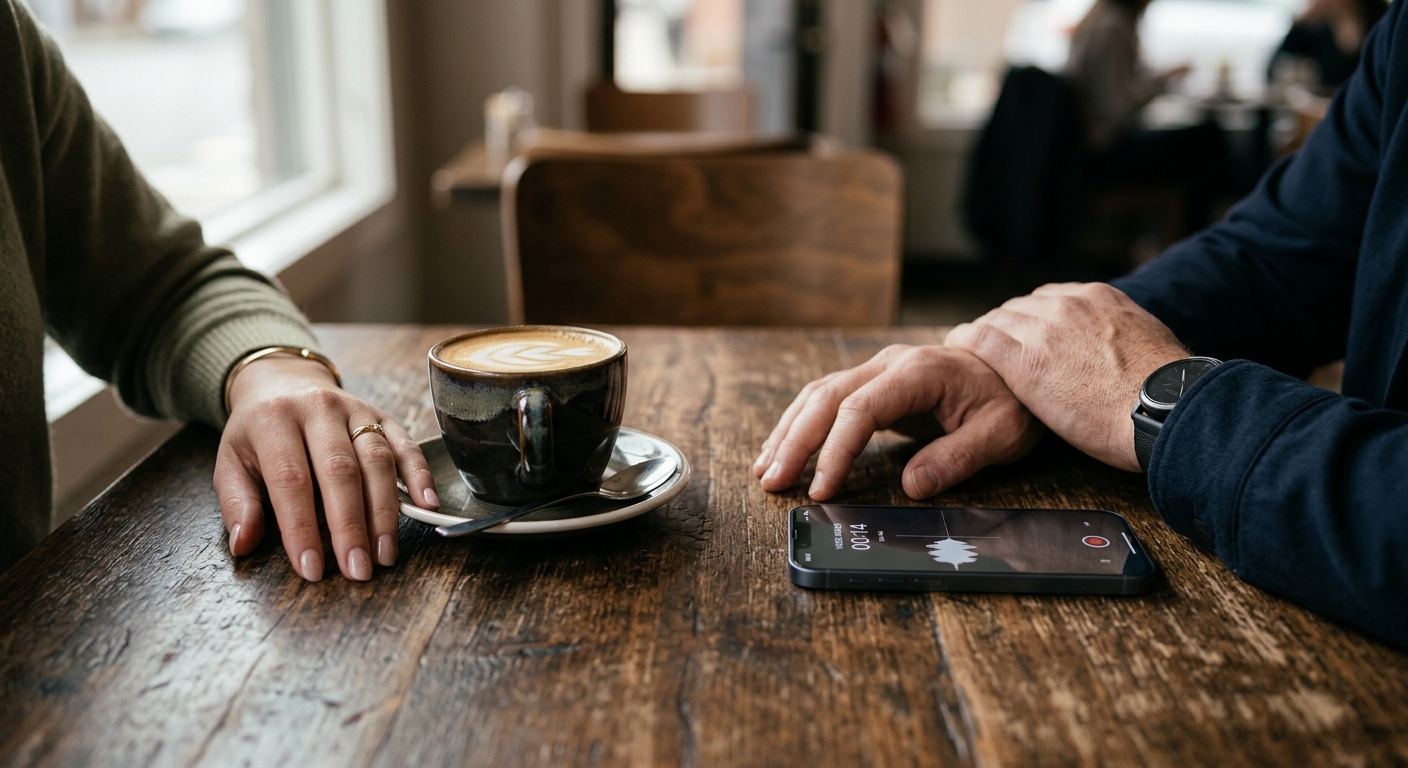 West Virginia close-up of two pairs of hands across a wooden cafe table, one hand resting near