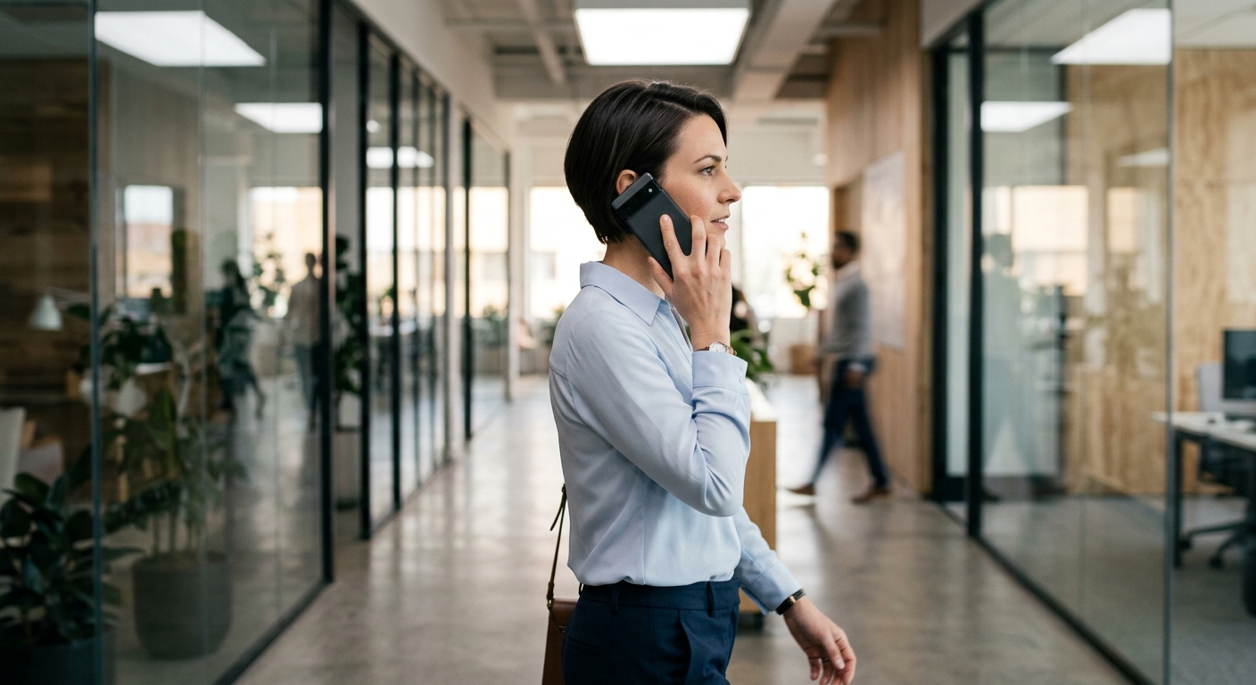 Missouri side profile of a woman in a business blouse holding a smartphone to her ear mid