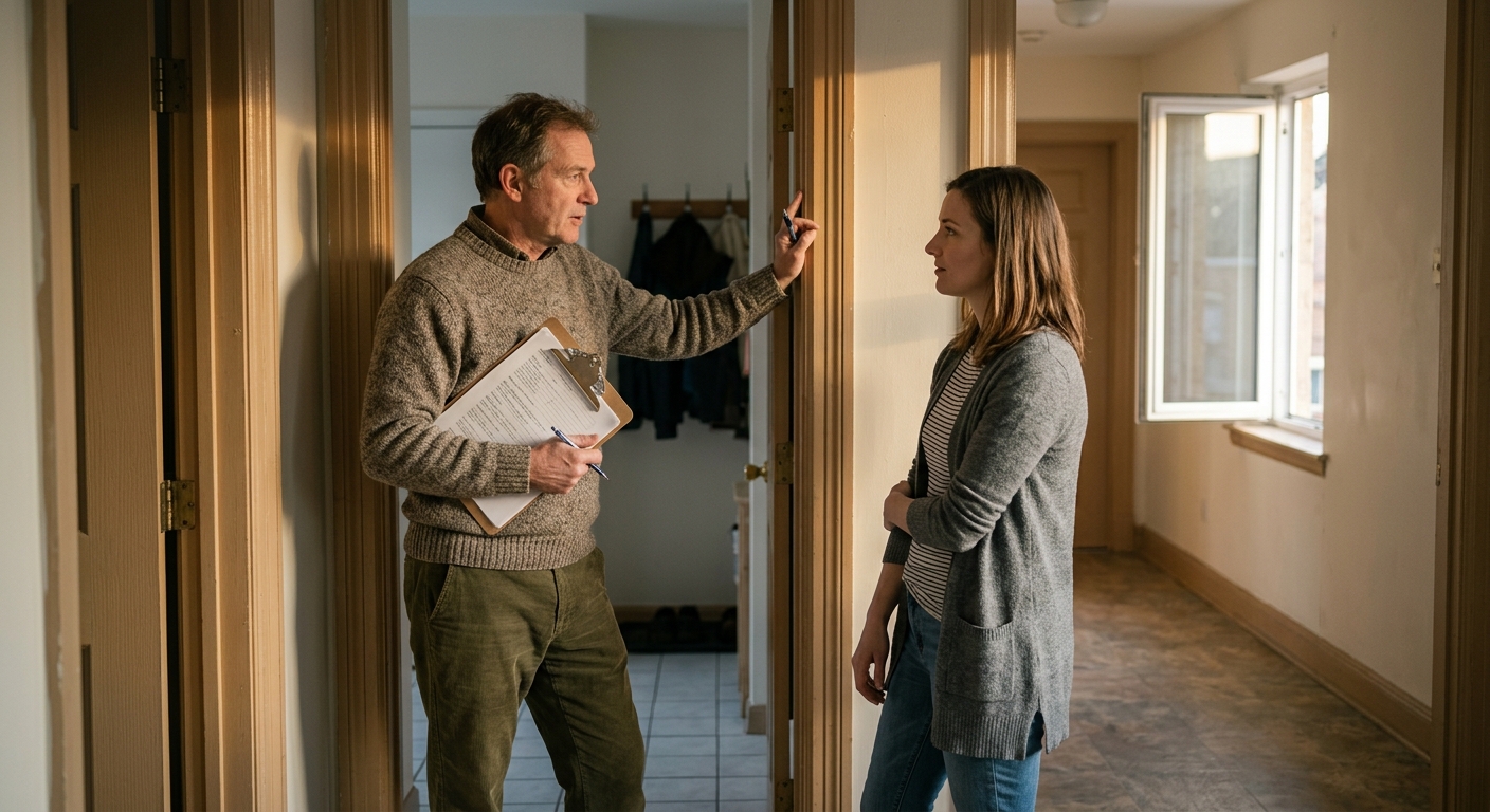 West Virginia landlord with a clipboard standing in a doorway speaking with a tenant, threshol