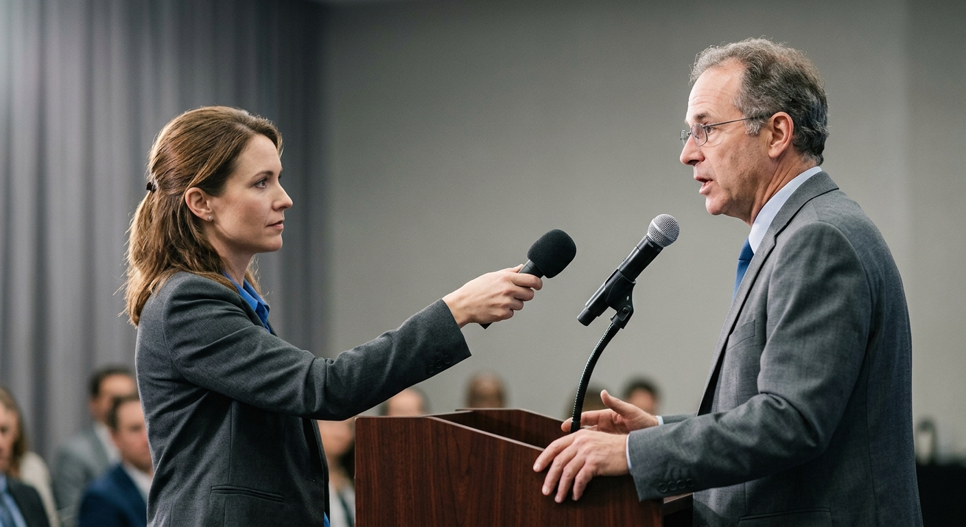 Missouri reporter in three-quarter view holding a small handheld microphone toward a pers