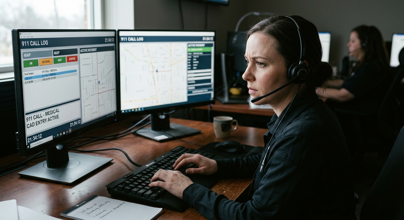 Wyoming a 911 call operator wearing a slim black headset seated at a console with two mo