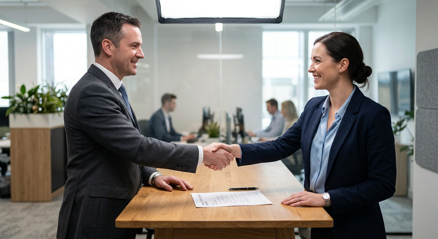 Missouri two business professionals shaking hands across a small meeting table, both in t