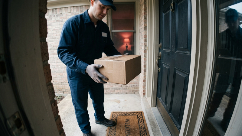 Wyoming a delivery driver in a uniform standing at a front door step holding a small car
