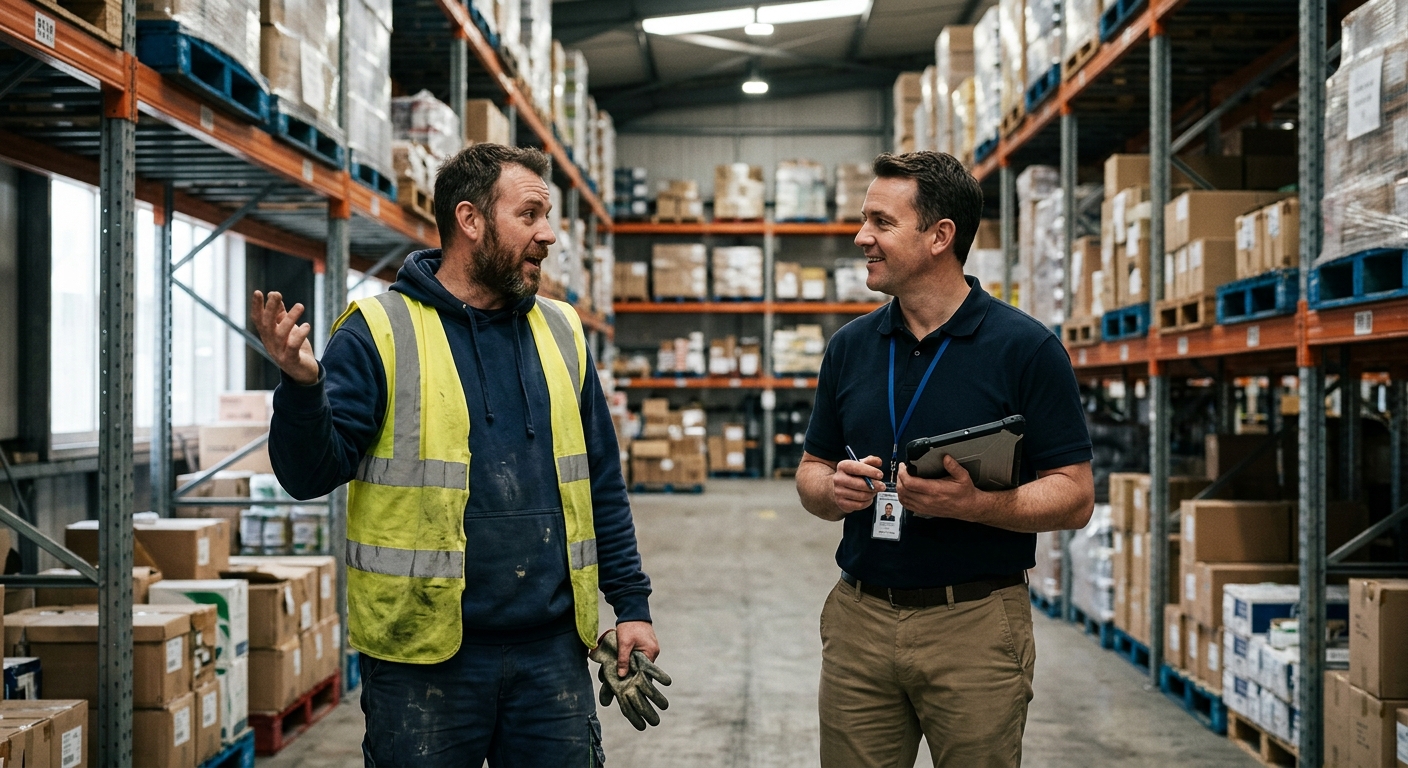Washington a worker in a high-visibility yellow vest mid-conversation with a manager in a w
