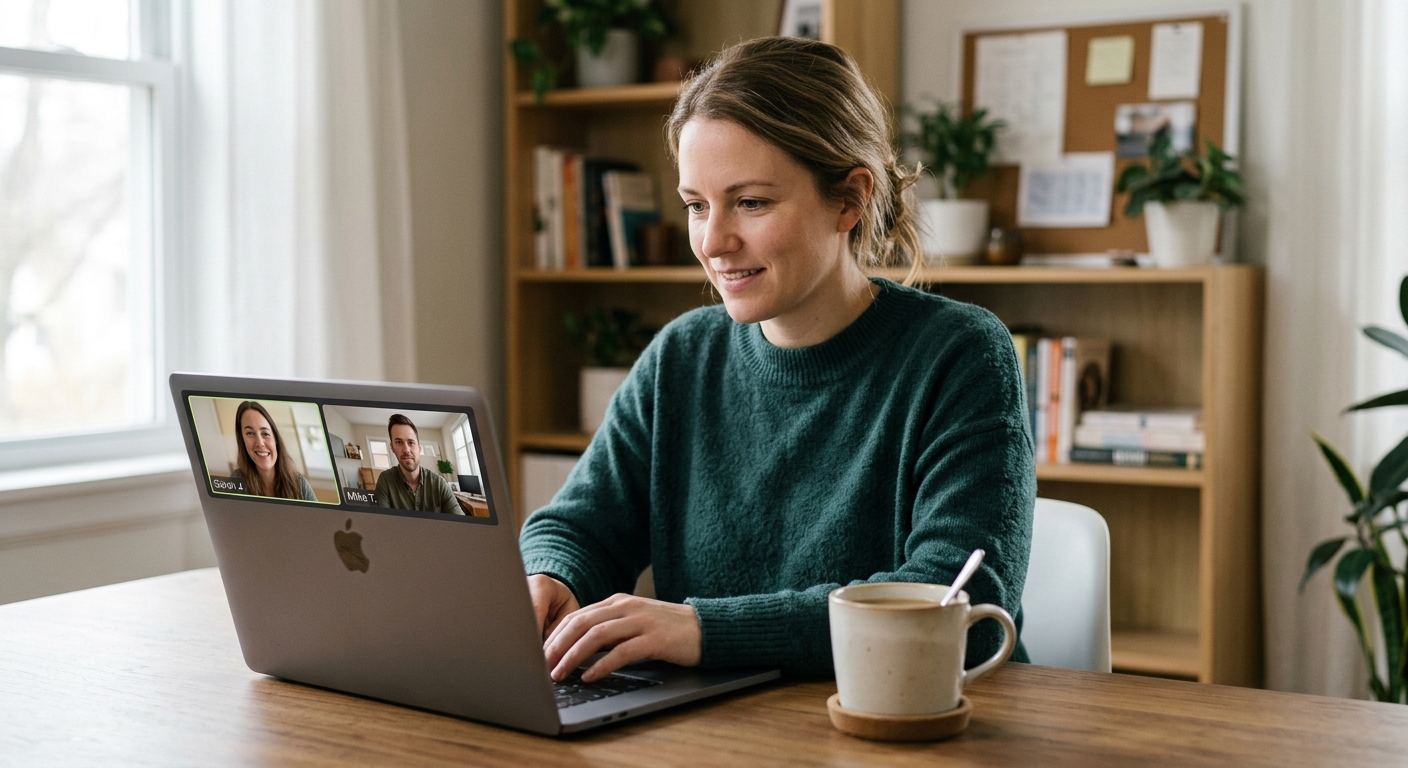 Missouri a person at a home office desk on a laptop video call, two participant tiles vis