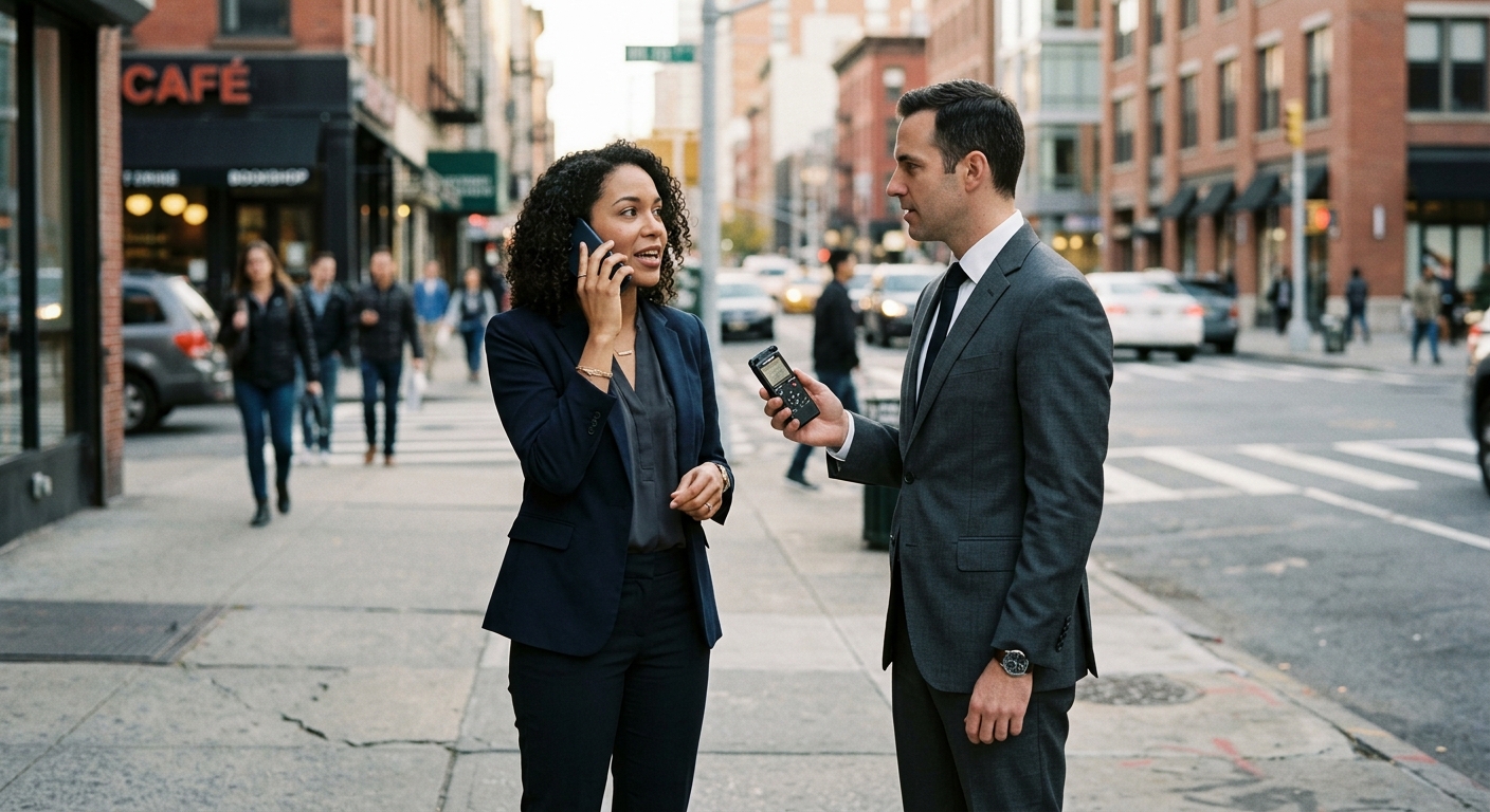 Indiana two professionals standing at a city sidewalk corner, one speaking into a smartp