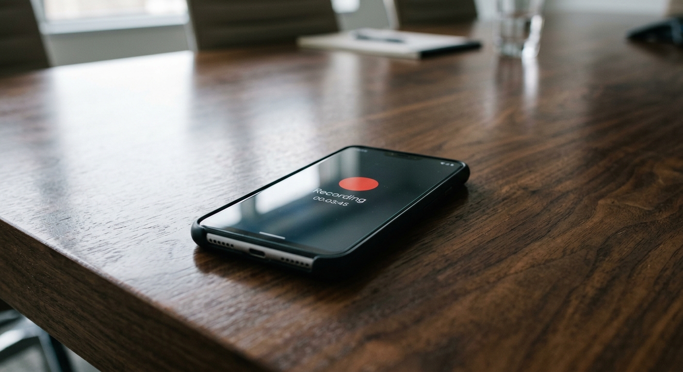 smartphone with active recording timer on a dark polished conference table