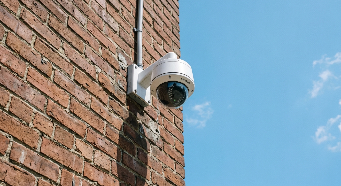 dome security camera mounted on exterior brick wall corner, blue sky behind, MCL 750.539d security context