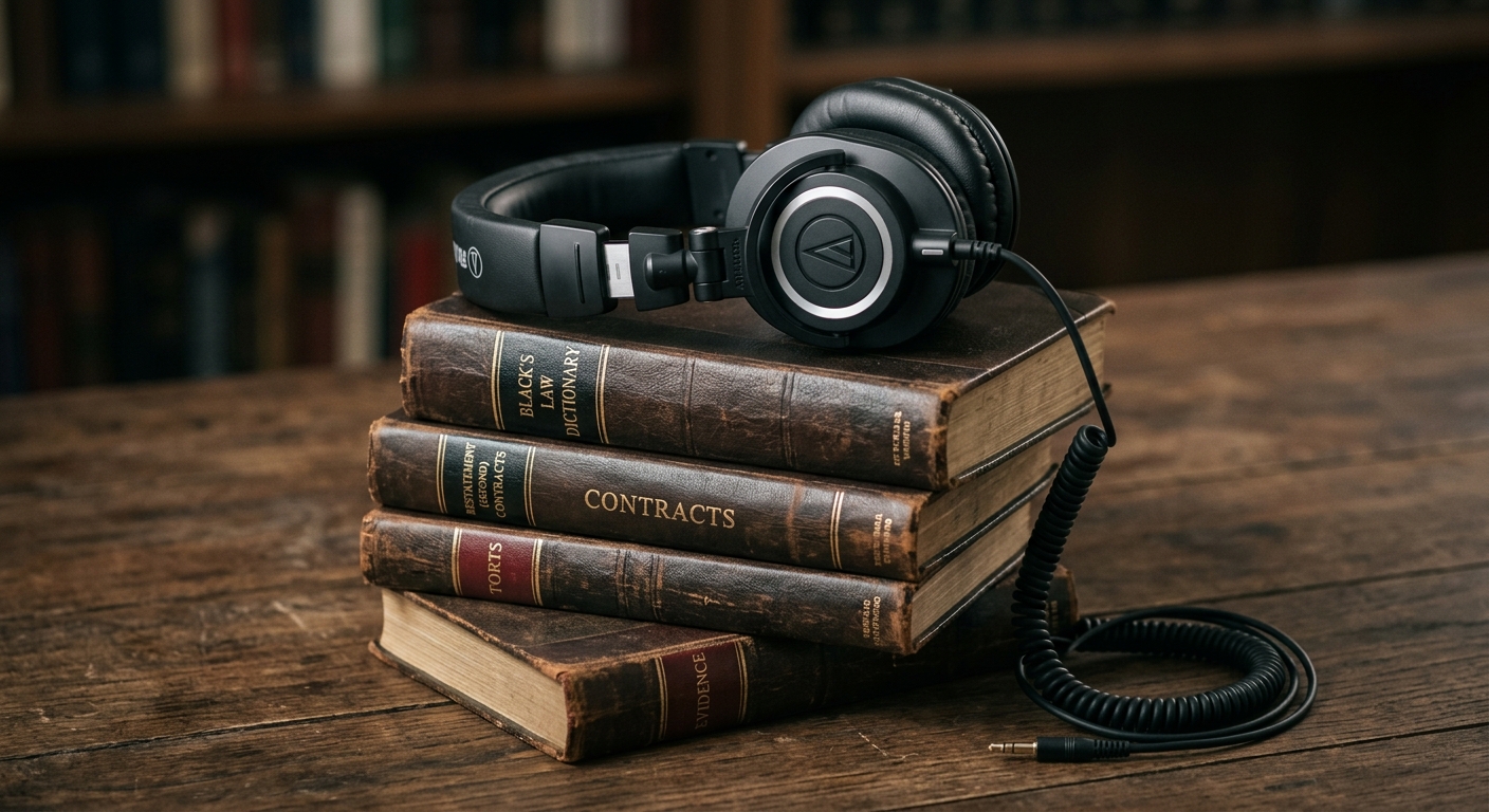 closed-back headphones resting on a stack of leather-bound legal volumes labeled Torts, Contracts, and Evidence