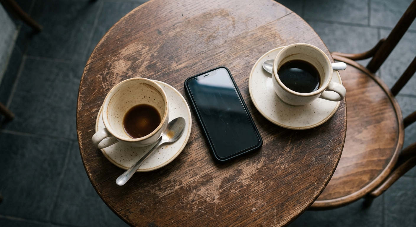two ceramic coffee cups and a smartphone on a small round cafe table