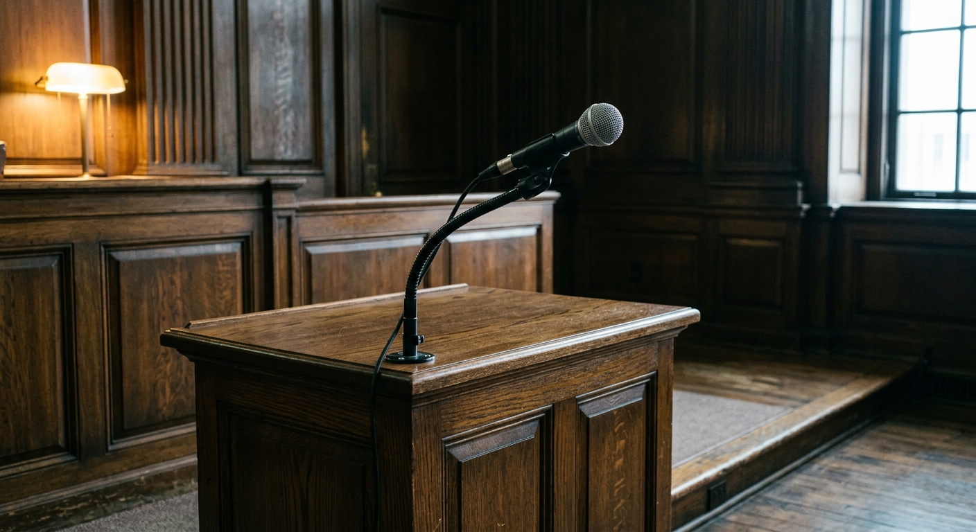 Black gooseneck microphone mounted on an empty wooden witness stand inside a softly lit paneled courtroom with a green-shaded brass lamp on the bench