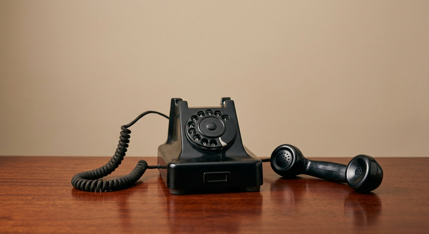 vintage black rotary telephone with the handset off the hook on polished wood