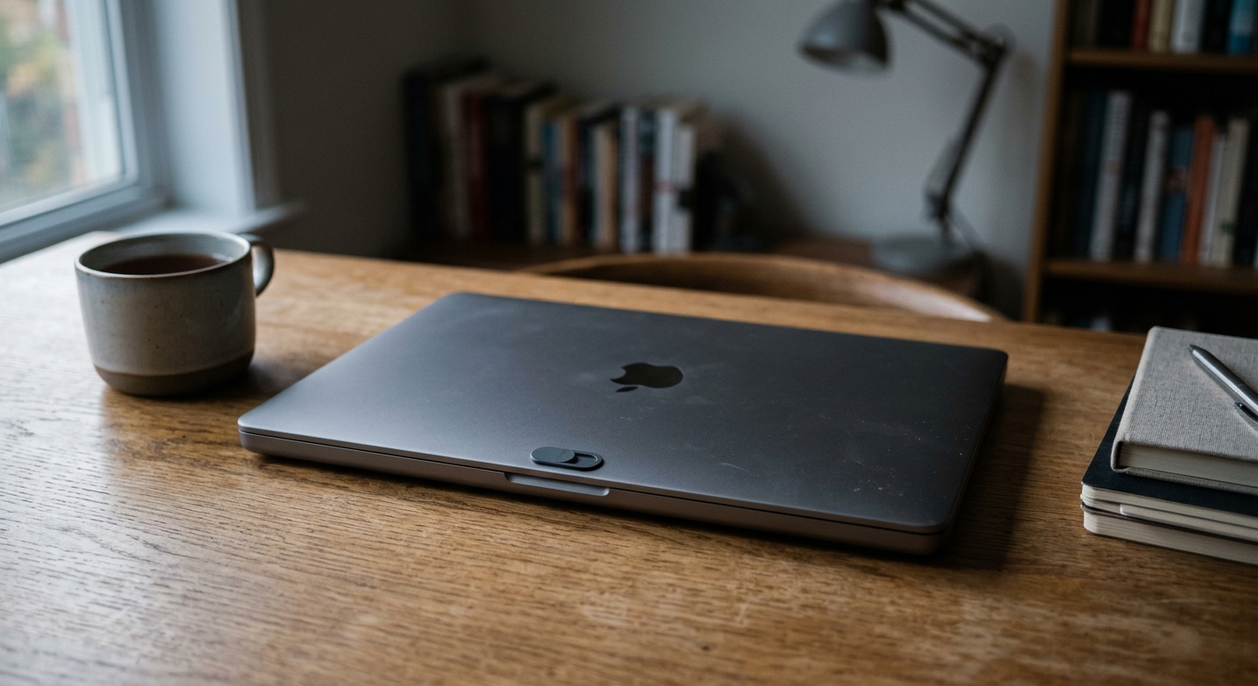 closed laptop with a small adhesive webcam cover slider on the lid bezel, beside a coffee mug