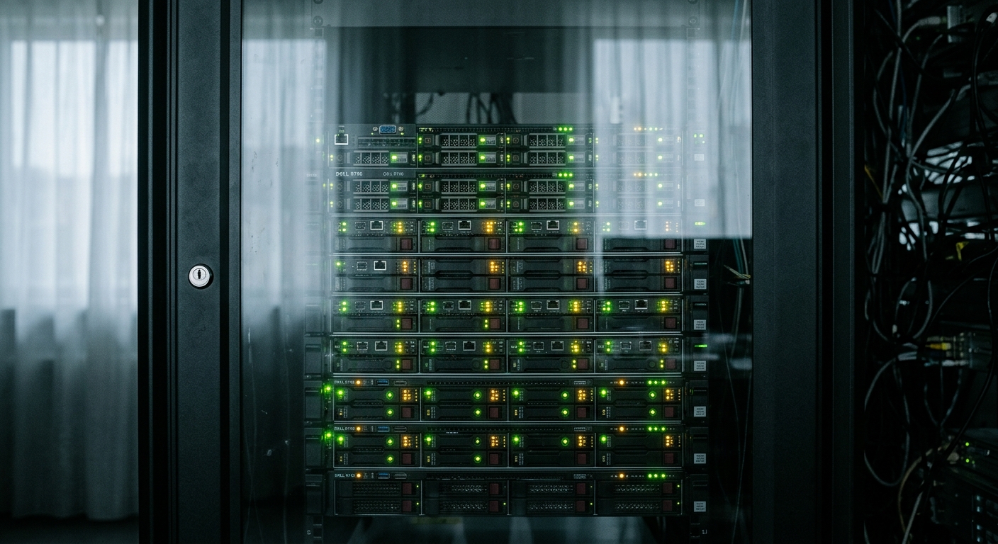 row of server rack chassis with green and amber LED status indicators behind a glass panel door