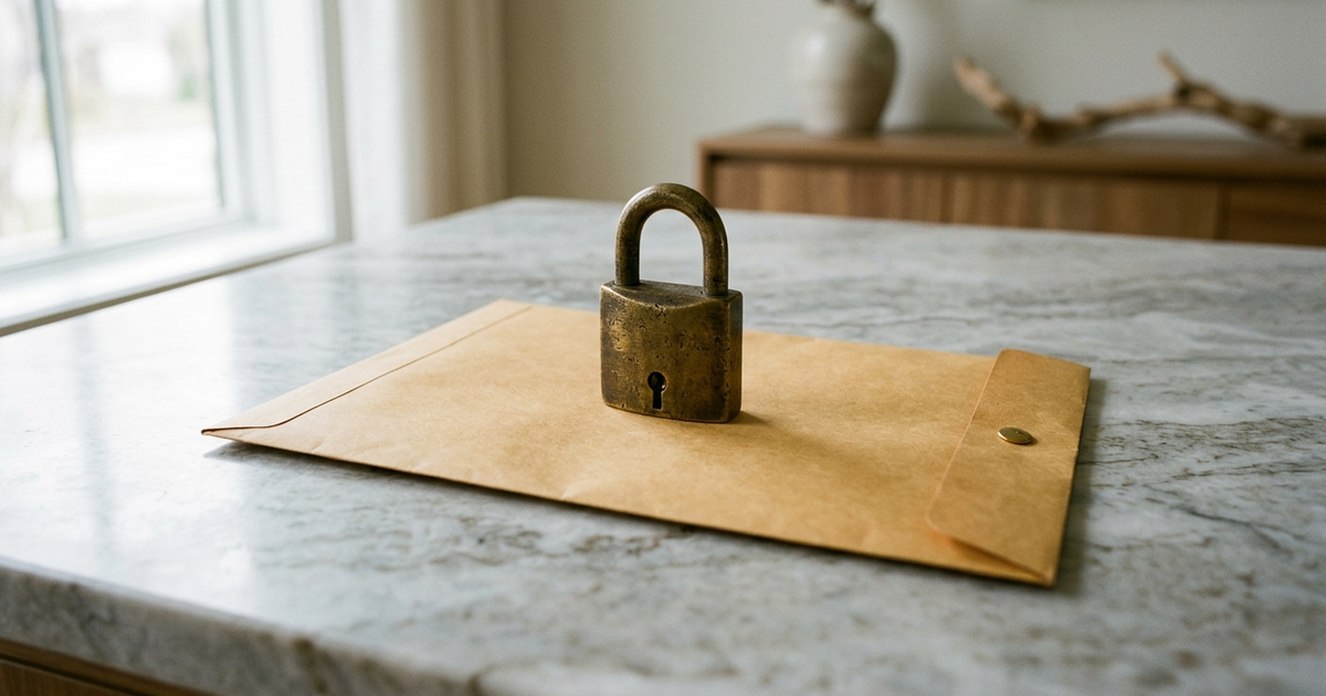 Brass padlock resting on a sealed manila envelope on a marble surface, illustrating privileged-communication damages under Virginia Code 19.2-69