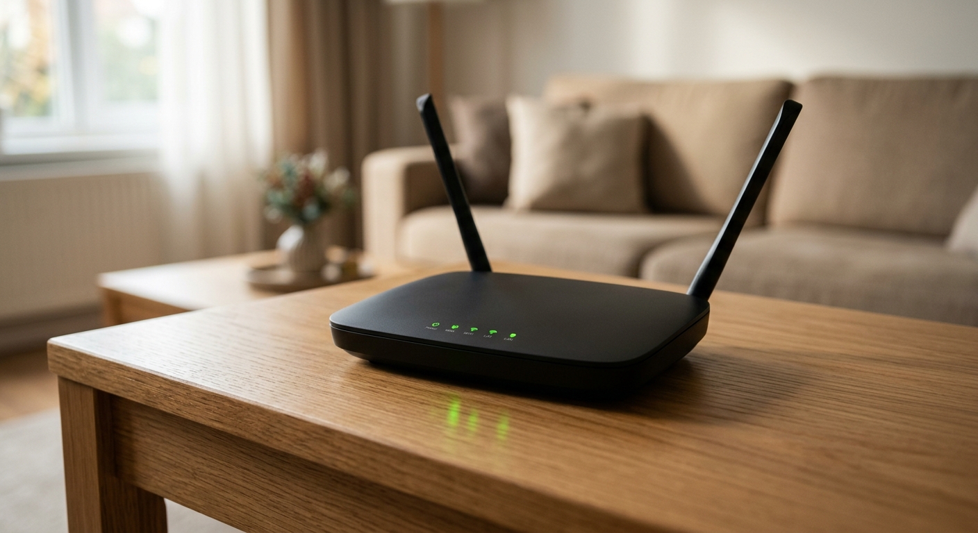 Wi-Fi router with green status lights on a wooden side table in a living room