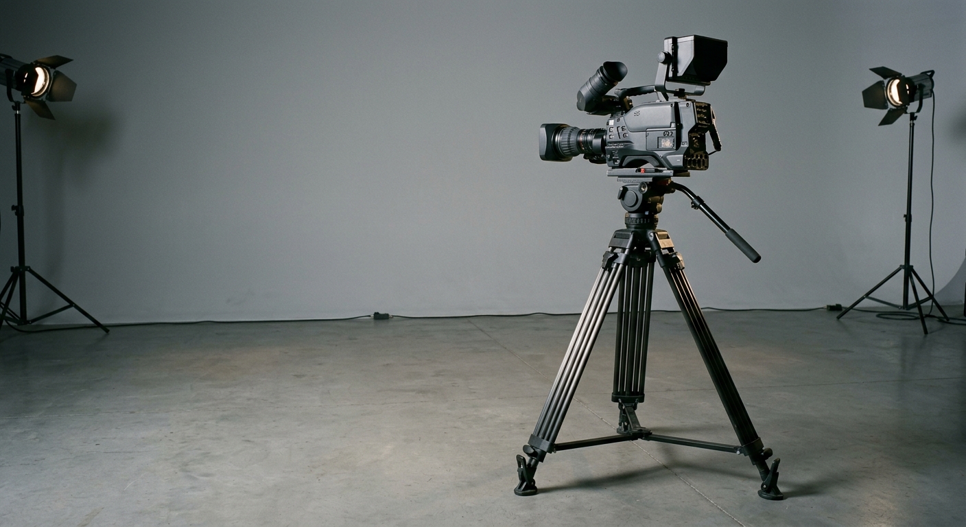 broadcast camcorder mounted on a tripod in an empty studio with two key lights